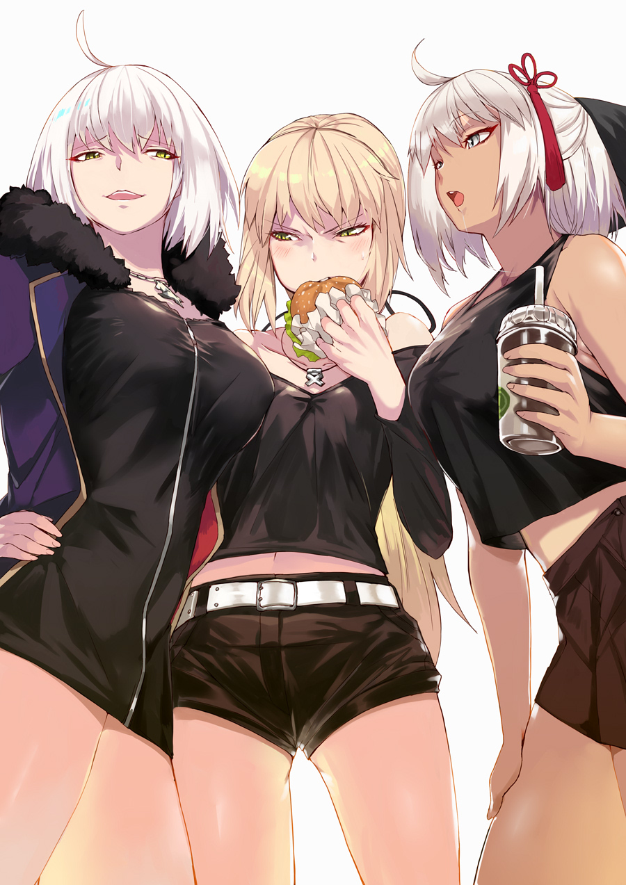 ahoge artoria_pendragon_(all) bangs belt black_bow black_coat black_dress black_shorts black_skirt black_tank_top blonde_hair blush bow braid breast_envy breasts coat collarbone commentary_request cup dark_skin dress eating eyebrows_visible_through_hair fate/grand_order fate_(series) flower_knot food french_braid fur-trimmed_coat fur_trim grey_eyes hair_between_eyes hair_bow hamburger hands_on_hips highres hips jeanne_d'arc_(alter)_(fate) jeanne_d'arc_(fate)_(all) jewelry large_breasts long_hair long_sleeves medium_breasts midriff multiple_girls necklace ohland okita_souji_(alter)_(fate) okita_souji_(fate)_(all) open_clothes open_coat open_mouth pleated_skirt ponytail saber_alter short_dress short_hair shorts silver_hair simple_background skirt smile tassel thighs tied_hair white_background white_hair wicked_dragon_witch_ver._shinjuku_1999 yellow_eyes