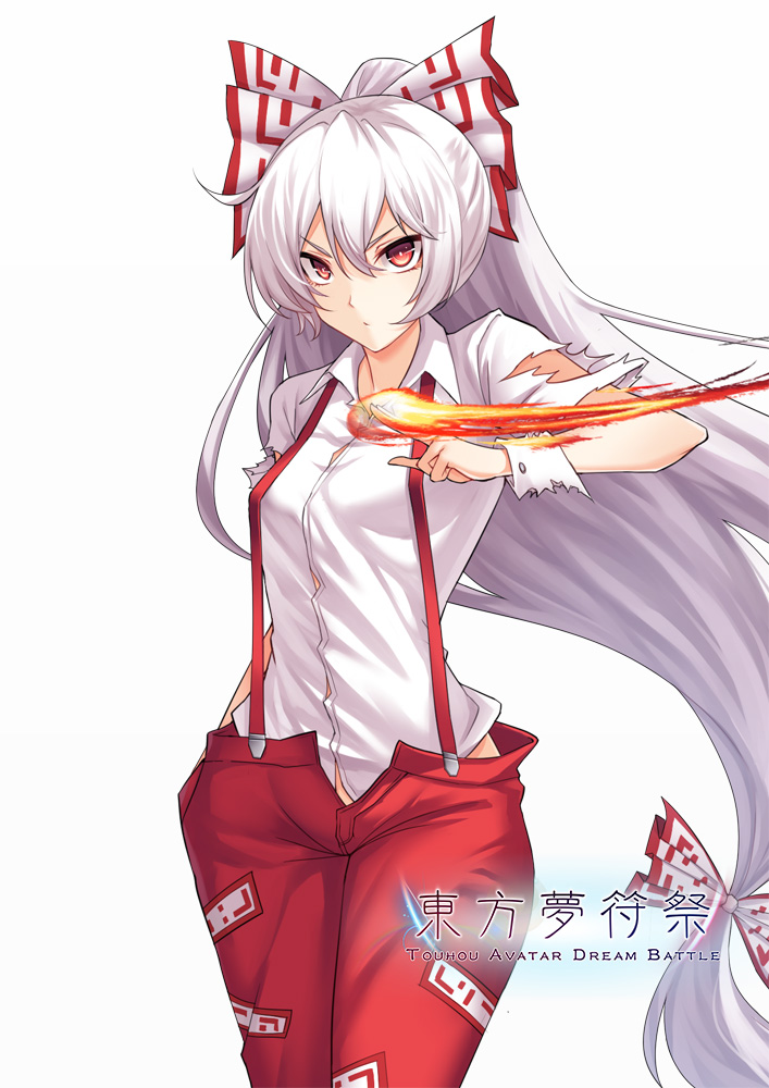 bow breasts chinese_commentary commentary_request cowboy_shot fire fujiwara_no_mokou hair_between_eyes hair_bow hand_in_panties koissa long_hair looking_at_viewer medium_breasts midriff_peek ofuda open_fly panties pants ponytail red_eyes red_pants shirt silver_hair simple_background solo standing suspenders suspenders_gap thighs torn_clothes torn_sleeves touhou underwear v-shaped_eyebrows very_long_hair white_background white_bow white_shirt wing_collar wrist_cuffs