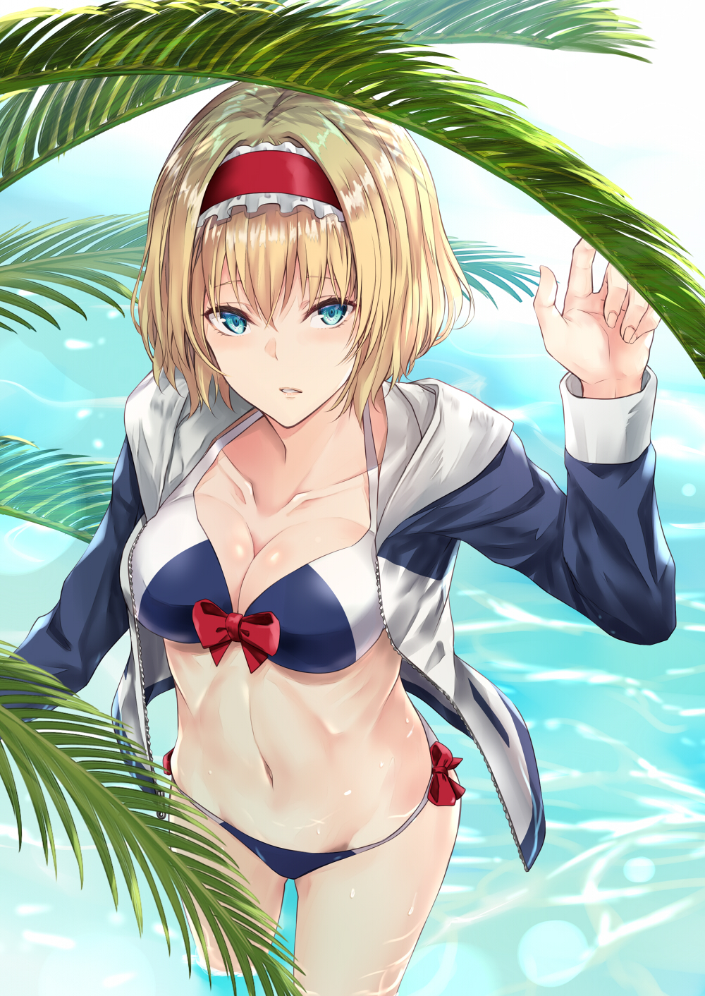 alice_margatroid alternate_costume bangs bikini blonde_hair blue_bikini blue_eyes collarbone commentary contemporary day eyebrows_visible_through_hair from_above groin hair_between_eyes hairband halterneck highres jacket lolita_hairband looking_at_viewer nabeshima_tetsuhiro navel open_clothes open_jacket outdoors palm_tree parted_lips pink_hairband short_hair solo stomach sunlight swimsuit thighs touhou tree wading water wet