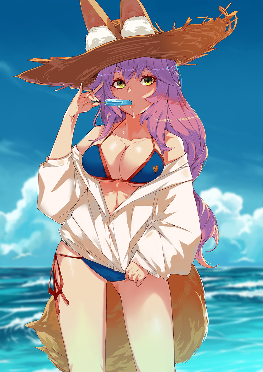 animal_ear_fluff animal_ears bangs bare_shoulders bikini bikini_under_clothes blue_bikini blue_sky breasts cleavage collarbone day ears_through_headwear fate/grand_order fate_(series) food fox_ears fox_tail hair_between_eyes hat highres hips jacket large_breasts long_hair looking_at_viewer ocean off_shoulder ohland pink_hair popsicle side-tie_bikini sky solo straw_hat sun_hat swimsuit tail tamamo_(fate)_(all) tamamo_no_mae_(fate) tamamo_no_mae_(swimsuit_lancer)_(fate) thighs white_jacket yellow_eyes