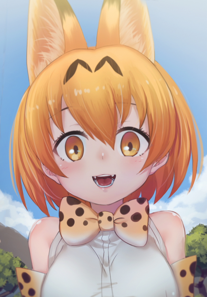 :d animal_ears bangs bare_shoulders blue_sky blush bow bowtie cloud day extra_ears eyebrows_visible_through_hair fangs hair_between_eyes kemono_friends looking_at_viewer nyifu open_mouth orange_eyes orange_hair outdoors serval_(kemono_friends) serval_ears shirt short_hair sky sleeveless sleeveless_shirt smile solo teeth upper_body white_shirt