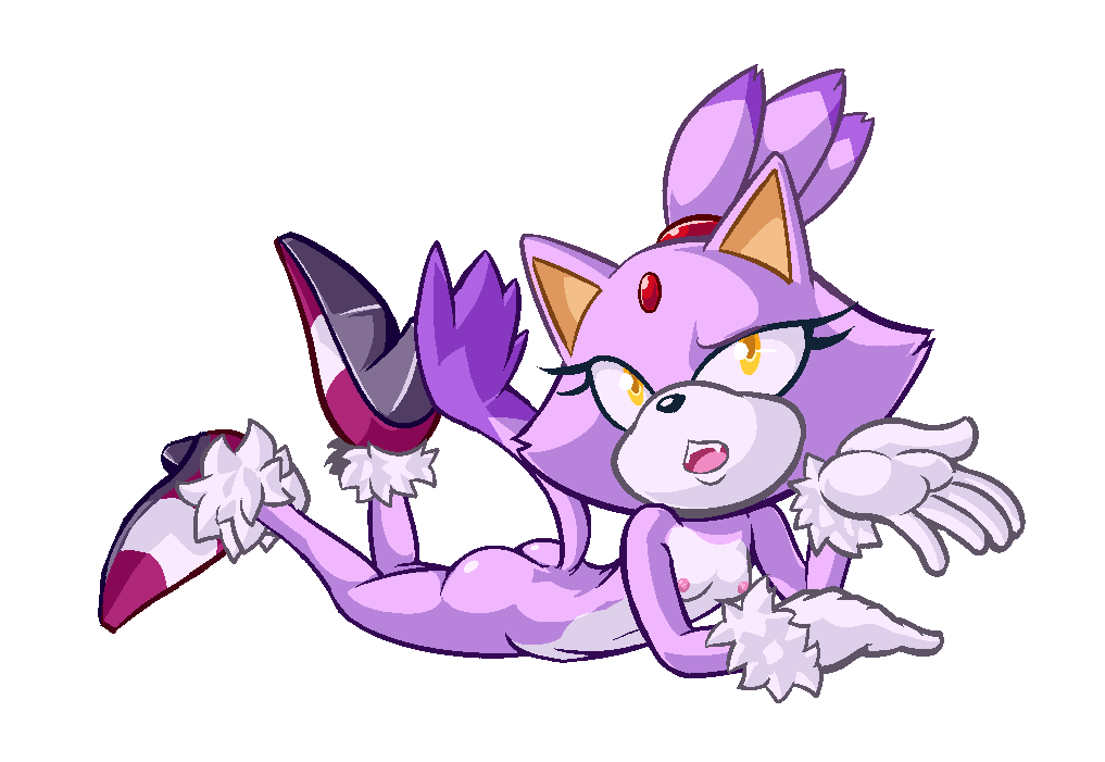 alpha_channel blaze_the_cat breasts butt cat cheek_tuft clothing eyelashes fangs feline female footwear fur gloves hair hair_tie high_heels lying mammal medrifogmatio mostly_nude nipples on_front ponytail purple_fur purple_hair shoes small_breasts solo sonic_(series) tuft yellow_eyes