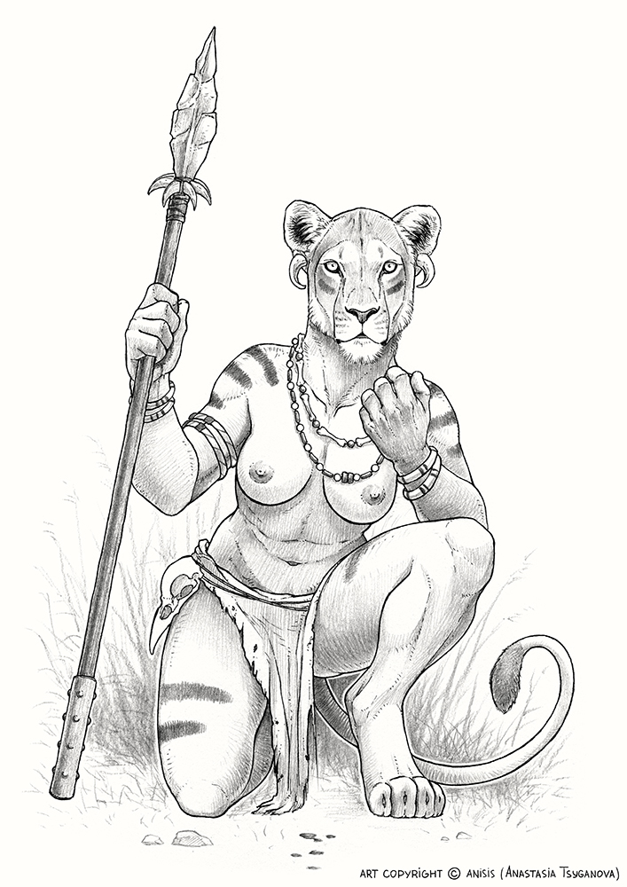 2018 anisis anthro feline female holding_object holding_weapon lion looking_at_viewer mammal melee_weapon polearm solo spear traditional_media_(artwork) weapon