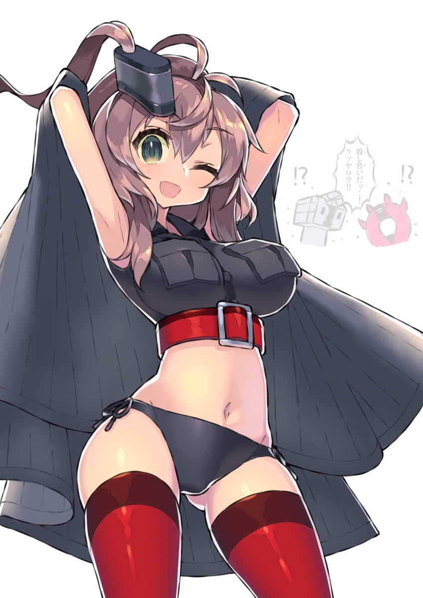adapted_costume arms_behind_head black_panties breast_pocket brown_hair commentary_request cowboy_shot enemy_lifebuoy_(kantai_collection) grey_eyes hair_between_eyes highres itsumo_nokoru kantai_collection looking_at_viewer midriff navel one_eye_closed open_mouth pale_background panties pocket ponytail red_legwear remodel_(kantai_collection) rensouhou-chan saratoga_(kantai_collection) side-tie_panties side_ponytail sidelocks simple_background skirt skirt_removed smile smokestack solo tank_top thighhighs underwear white_background
