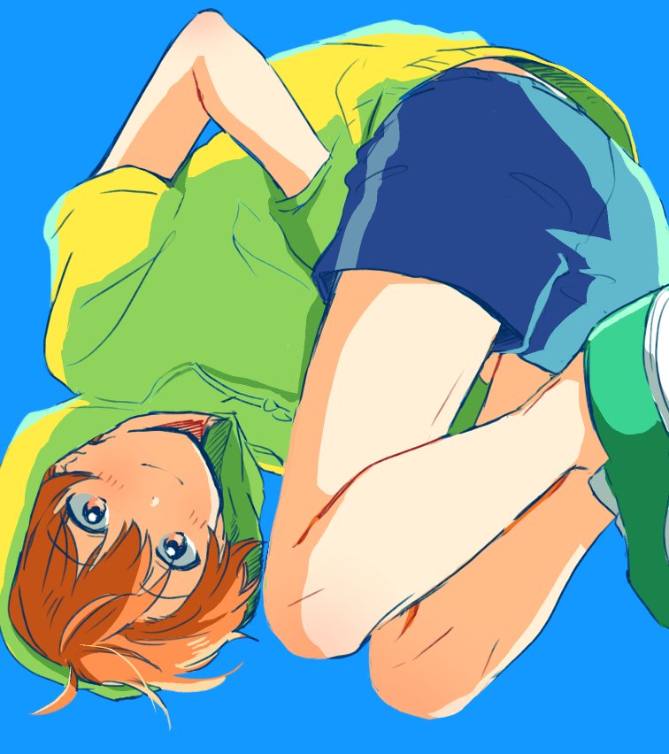 aoi_yuusuke blue_background blue_shorts closed_mouth green_footwear hands_in_pockets hood hoodie idolmaster idolmaster_side-m looking_at_viewer male_focus orange_eyes orange_hair shima_(what1v) shirt shoes short_sleeves shorts simple_background smile sneakers solo upside-down yellow_shirt