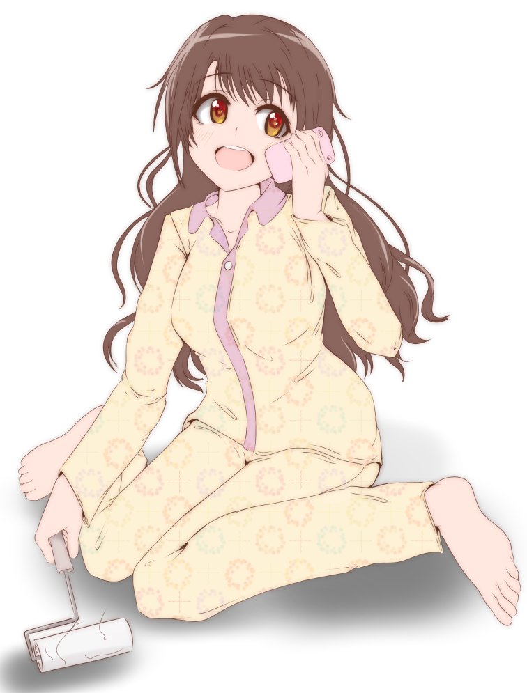 breasts brown_hair cellphone holding holding_phone idolmaster idolmaster_cinderella_girls lint_roller long_hair long_sleeves machismo_fuji on_head pajamas phone shimamura_uzuki smartphone talking_on_phone yellow_eyes yellow_pajamas