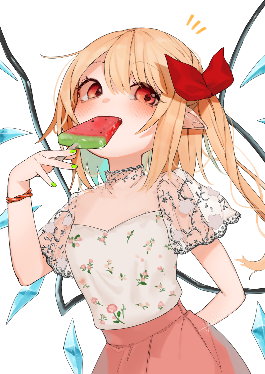 alternate_costume arm_behind_back artist_name blonde_hair blue_hair blush bow commentary_request crystal eating eyebrows_visible_through_hair fang flandre_scarlet floral_print food food_in_mouth gotoh510 gradient_hair green_nails hair_between_eyes hair_bow hand_up highres holding holding_food looking_at_viewer multicolored_hair nail_polish no_hat no_headwear one_side_up pink_skirt pointy_ears popsicle red_bow red_eyes see-through_sleeves shirt short_sleeves sidelocks signature skirt solo touhou upper_body watermelon_bar white_shirt wings