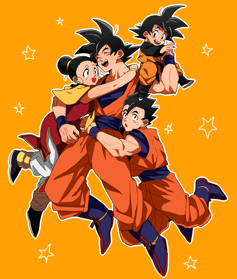 3boys :d :o ^_^ arms_around_neck black_eyes black_hair boots bracelet brothers chi-chi_(dragon_ball) chinese_clothes closed_eyes couple dougi dragon_ball dragon_ball_z earrings family father_and_son fingernails full_body hetero jewelry long_sleeves mother_and_son multiple_boys open_mouth orange_background short_hair siblings simple_background smile son_gohan son_gokuu son_goten spiked_hair star sweatdrop tied_hair wristband yunion_(sibujya)