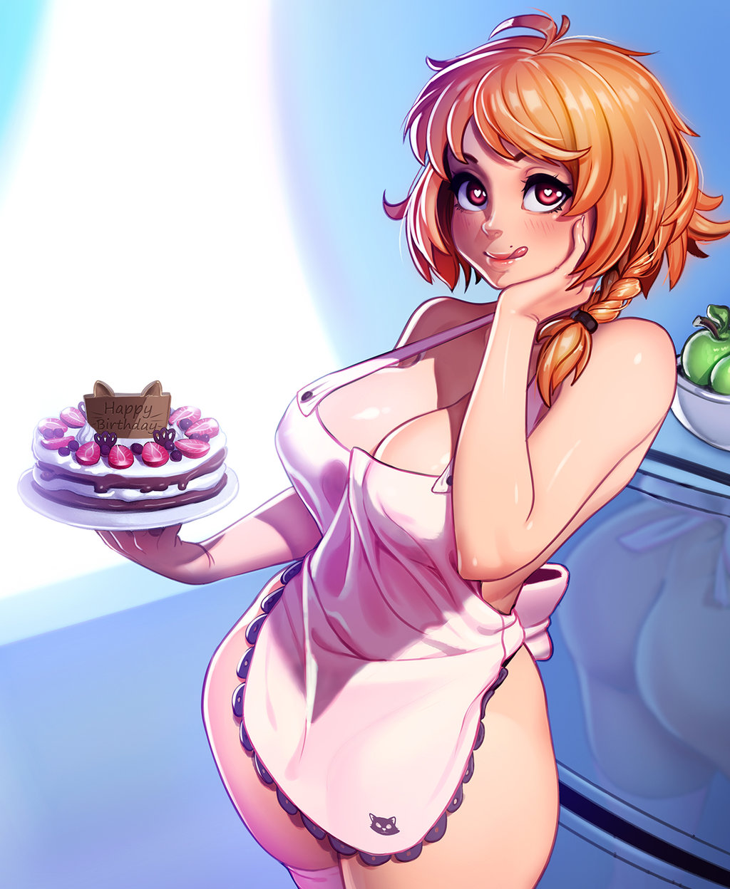 1girl :q apron bare_shoulders blush braid breasts brown_hair cake cleavage food hand_on_own_face happy_birthday heart heart-shaped_pupils highres hips large_breasts long_hair looking_at_viewer mole nikita_varb original pink_legwear red_eyes short_hair single_braid skindentation solo symbol-shaped_pupils thick_thighs thighhighs thighs tongue tongue_out wide_hips