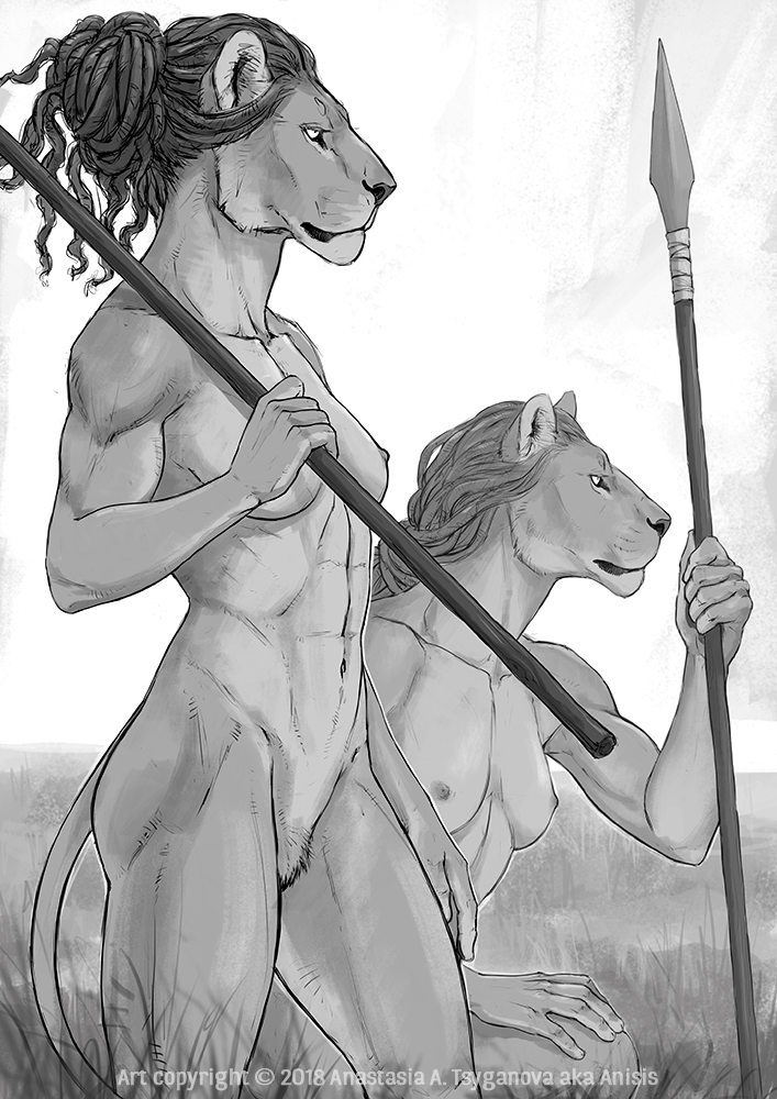 2018 anisis anthro crouching day detailed_background digital_media_(artwork) duo feline female holding_object holding_weapon lion mammal melee_weapon polearm spear weapon