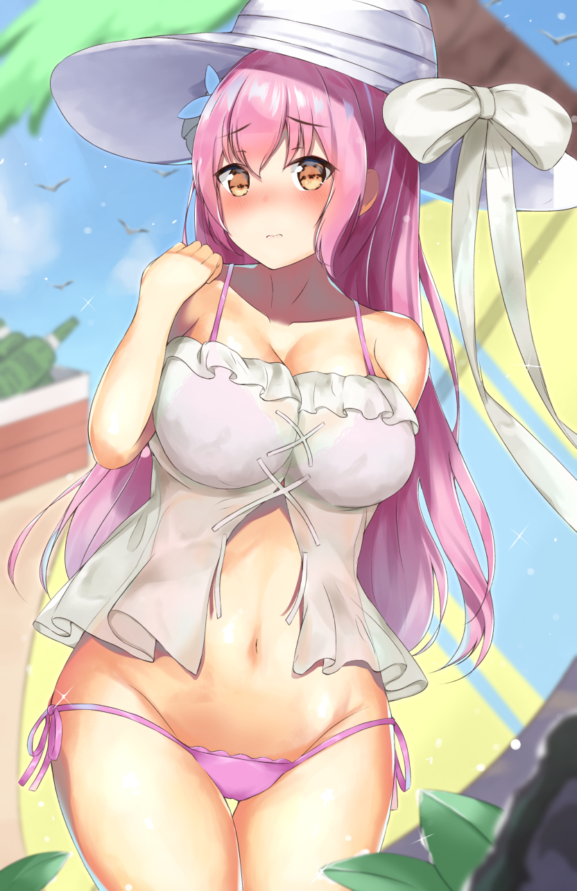 3: azur_lane bangs bare_shoulders bikini bikini_under_clothes blue_sky blurry blurry_foreground blush bow breasts brown_eyes cleavage cloud collarbone commentary day depth_of_field eyebrows_visible_through_hair fish groin hair_between_eyes hand_up hat highres houraku large_breasts long_hair navel nose_blush outdoors palm_tree pink_bikini pink_hair quincy_(azur_lane) ribbon see-through side-tie_bikini sky solo strapless sun_hat swimsuit thigh_gap tree very_long_hair white_bow white_hat white_ribbon