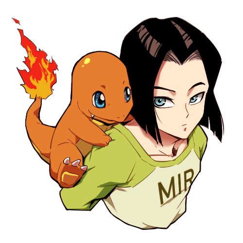 android_17 black_hair blue_eyes carrying charmander clothes_writing crossover dragon_ball dragon_ball_super expressionless fire gen_1_pokemon green_shirt long_sleeves looking_back lowres male_focus pokemon pokemon_(creature) shirt short_hair simple_background st62svnexilf2p9 upper_body white_background