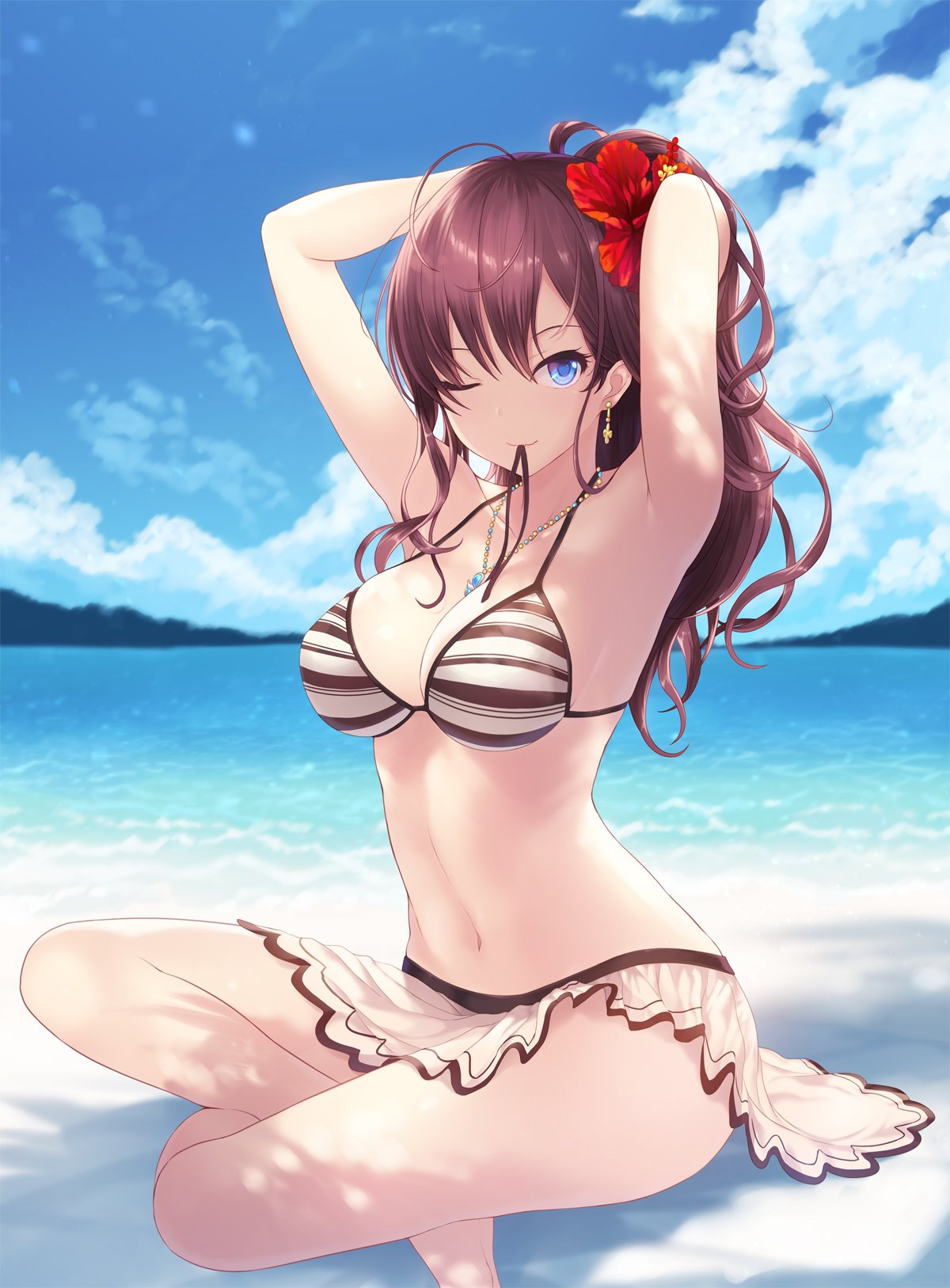 ahoge arms_behind_head bikini blue_eyes breasts brown_hair cait cleavage closed_mouth cloud cloudy_sky commentary day earrings flower hair_between_eyes hair_flower hair_ornament highres ichinose_shiki idolmaster idolmaster_cinderella_girls jewelry long_hair looking_at_viewer medium_breasts mouth_hold navel ribbon ribbon_in_mouth seaside sidelocks sky smile solo swimsuit wavy_hair