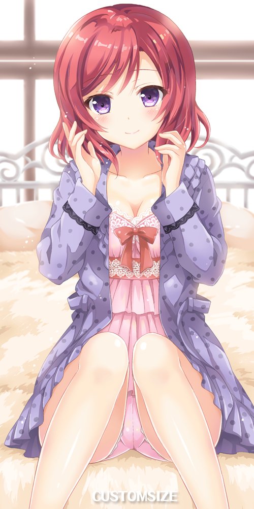 blush bow breasts circle_name cleavage collarbone commentary eyebrows_visible_through_hair frills hands_up jacket lace_trim long_sleeves looking_at_viewer love_live! love_live!_school_idol_project nishikino_maki on_bed pink_pajamas polka_dot_jacket purple_eyes purple_jacket red_bow red_hair sakurai_makoto_(custom_size) short_hair sitting sitting_on_bed smile solo