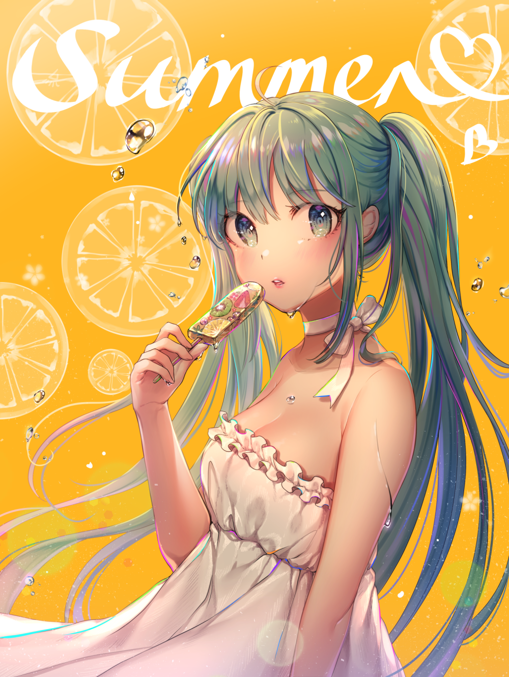 bangs bare_arms bare_shoulders breasts collarbone dress english eyebrows_visible_through_hair fingernails food fruit gradient gradient_background green_eyes green_hair hair_between_eyes hand_up hatsune_miku heart highres holding holding_food long_hair looking_at_viewer looking_to_the_side orange orange_background ozzingo parted_lips popsicle small_breasts solo strapless strapless_dress twintails upper_teeth very_long_hair vocaloid wet white_dress yellow_background