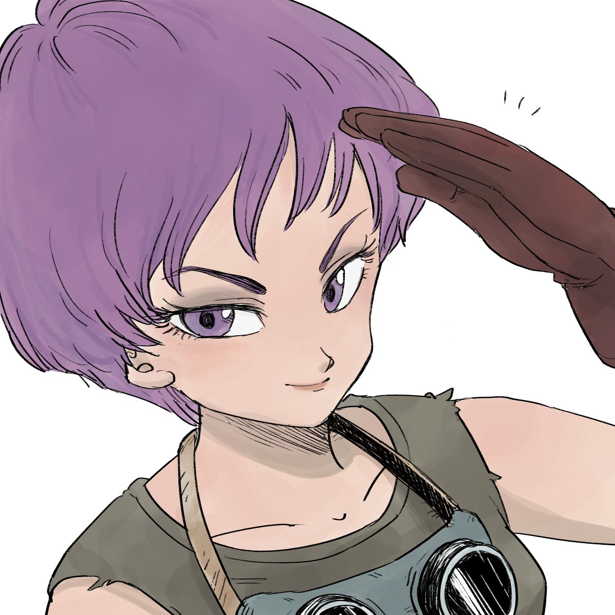 1girl brown_gloves close-up dragon_ball dragon_ball_(classic) eyelashes face gloves goggles goggles_around_neck grey_shirt happy highres looking_at_viewer purple_eyes purple_hair salute shirt short_hair simple_background sleeveless sleeveless_shirt smile solo tkgsize upper_body violet_(dragon_ball) white_background