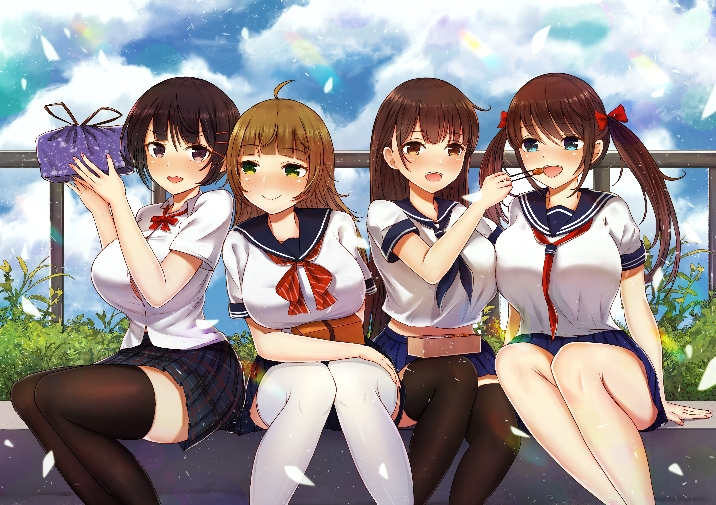 :d ahoge bangs bench black_legwear blue_eyes blue_sky blunt_bangs blush breasts brown_eyes brown_hair commentary_request day eyebrows_visible_through_hair feeding fou_zi hair_between_eyes huge_breasts large_breasts leaning_forward light_brown_hair long_hair looking_at_another md5_mismatch multiple_girls neckerchief obentou open_mouth original outdoors pleated_skirt railing sailor_collar school_uniform serafuku shirt short_hair sitting skindentation skirt sky smile symbol-shaped_pupils thighhighs thighs twintails uniform white_legwear white_shirt wrapped_obentou