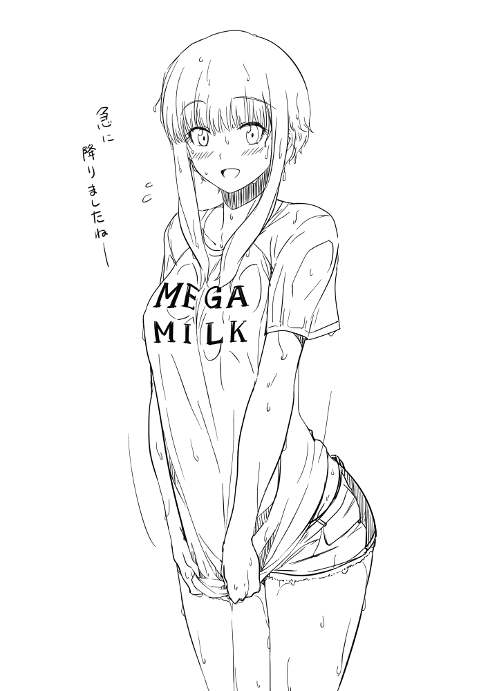 bangs blush breasts clothes_writing denim denim_shorts eyebrows_visible_through_hair greyscale haruhisky kuneru_marta marta medium_breasts medium_hair mega_milk meme_attire monochrome open_mouth shirt shorts simple_background smile solo standing translation_request wet wet_clothes white_background