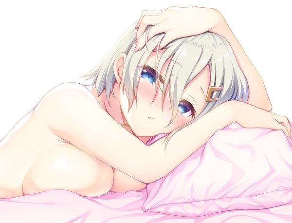 blue_eyes blush breasts cleavage collarbone gunp hair_between_eyes hair_ornament hairclip hamakaze_(kantai_collection) hand_on_own_head kantai_collection large_breasts looking_at_viewer lying messy_hair nude on_stomach parted_lips pillow short_hair silver_hair solo under_covers