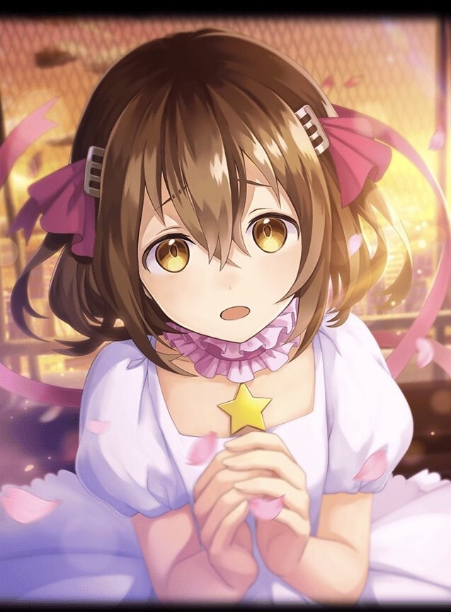 artist_request brown_hair cardcaptor_sakura chain-link_fence cosplay dress fence hair_between_eyes hair_ornament hairclip hands_clasped jewelry kinomoto_sakura kinomoto_sakura_(cosplay) longinus_(phantom_of_the_kill) necklace official_art open_mouth own_hands_together phantom_of_the_kill pink_ribbon ribbon short_hair star star_necklace white_dress yellow_eyes