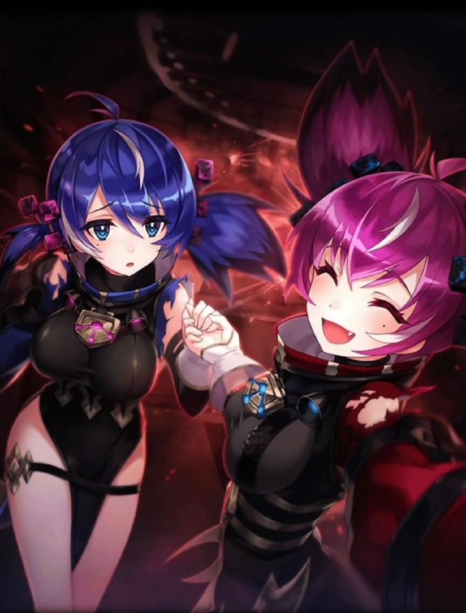 artist_request bangs blue_eyes blue_hair breasts closed_eyes detached_sleeves fang hair_between_eyes hair_ornament hair_ribbon holding_hands large_breasts lock moralltach_(phantom_of_the_kill) multiple_girls official_art open_mouth phantom_of_the_kill pink_hair ribbon siblings sisters smile torn_clothes vegalta_(phantom_of_the_kill)