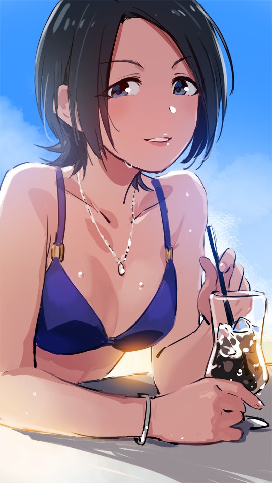 bare_arms bare_shoulders bikini_top black_hair blue_eyes blue_sky bracelet breasts cup day drinking_glass drinking_straw idolmaster idolmaster_cinderella_girls jewelry light_smile lips looking_at_viewer luncheon_meat_umai necklace outdoors pov_across_table short_hair sketch sky small_breasts solo sweat tougou_ai upper_body