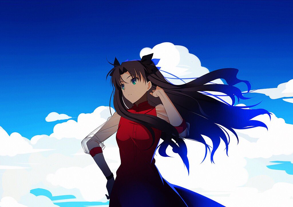 arm_up bangs black_hair black_ribbon blue_eyes closed_mouth cloud cloudy_sky commentary dress english_commentary fate/stay_night fate_(series) hair_ribbon hand_on_hip long_dress long_hair parted_bangs red_dress ribbon see-through_sleeves sky solo toosaka_rin two_side_up wind yaoshi_jun