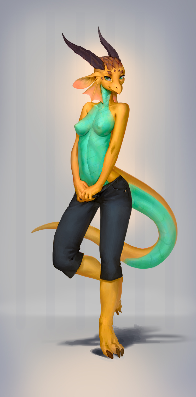 anthro botak breasts clothed clothing dragon female horn looking_at_viewer nipples simple_background smile solo topless