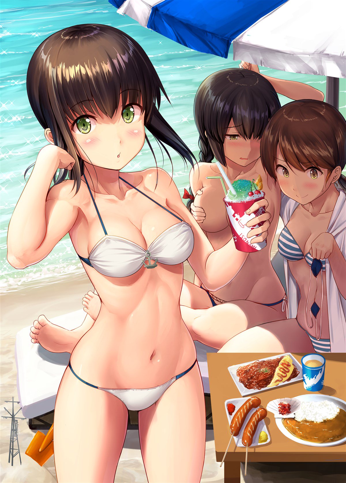 anchor beach bikini blush braid breast_grab breasts brown_hair cleavage collarbone commentary convenient_censoring curry curry_rice day eyebrows_visible_through_hair food fubuki_(kantai_collection) grabbing green_eyes highres holding_bikini_top ichikawa_feesu isonami_(kantai_collection) kantai_collection light_brown_eyes long_hair looking_at_viewer medium_breasts multiple_girls navel ocean parted_lips ponytail rice sausage shaved_ice shirayuki_(kantai_collection) side-tie_bikini sidelocks sitting smile striped striped_bikini swimsuit topless white_bikini