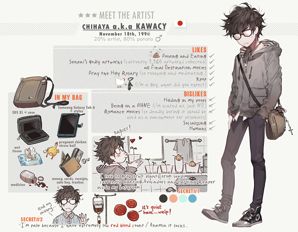 artist_self-insert bag bird black-framed_eyewear black_footwear black_pants blood blood_bag blush bottle brown_hair bug cellphone character_name character_profile chicken closed_mouth commentary drawstring english english_commentary fly glasses grey_jacket hand_in_pocket head_tilt heart holding hood hood_down hooded_jacket insect jacket japanese_flag kawacy kiss long_sleeves male_focus mars_symbol necktie o3o opaque_glasses original pale_skin pants phone pill poop red_blood_cell sapling shoes shoulder_bag smartphone standing star tissue_box towel window