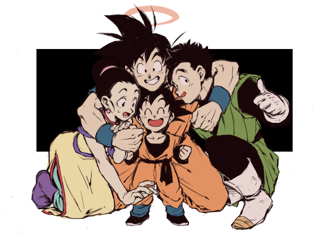 3boys ^_^ black_background black_eyes black_hair boots brothers chi-chi_(dragon_ball) clenched_hands closed_eyes couple denkome dougi dragon_ball dragon_ball_z earrings family father_and_son fingernails full_body gloves halo happy hetero hug jewelry kneeling mother_and_son multiple_boys open_mouth short_hair siblings simple_background smile son_gohan son_gokuu son_goten spiked_hair standing sweatdrop teeth thumbs_up tied_hair two-tone_background white_background wristband