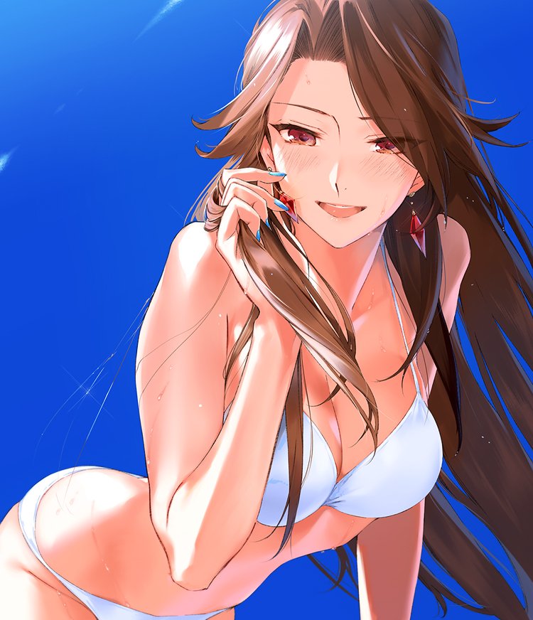 :d akiyoshi_haru bare_shoulders bent_over bikini blue_sky blush breasts brown_eyes brown_hair cleavage commentary day earrings eyebrows_visible_through_hair eyes_visible_through_hair granblue_fantasy holding holding_hair jewelry katalina_aryze large_breasts leaning_forward long_hair looking_at_viewer nail_polish open_mouth outdoors sky smile swimsuit white_bikini