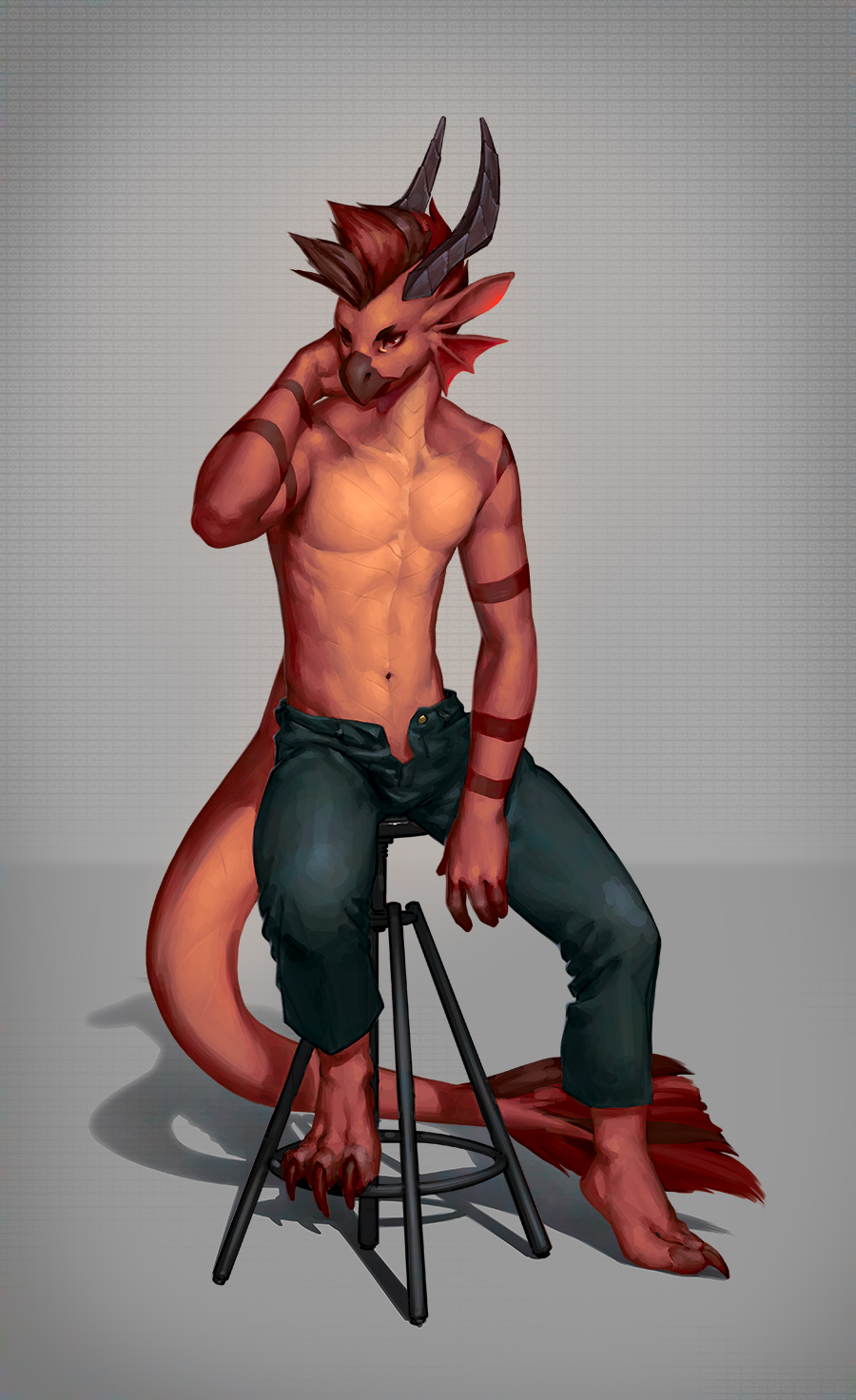 anthro botak clothed clothing dragon hair horn hybrid male marine simple_background sitting solo topless unzipped