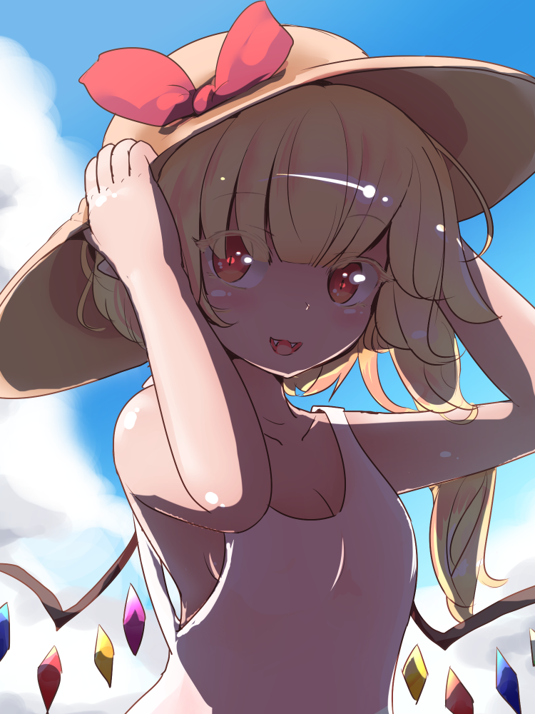 :d adda alternate_headwear bangs bare_arms bare_shoulders blonde_hair blue_sky blush bow breasts cleavage cloud collarbone colored_eyelashes commentary_request crystal day eyebrows_visible_through_hair fangs flandre_scarlet hands_on_headwear hands_up hat hat_bow long_hair looking_at_viewer medium_breasts one_side_up open_mouth red_bow red_eyes shiny shiny_hair shiny_skin sideboob sky smile solo sun_hat tank_top touhou upper_body white_tank_top wings