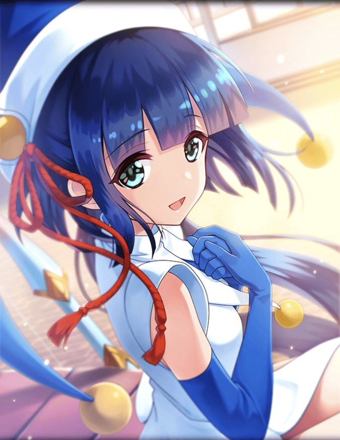 aqua_eyes artist_request bangs blue_gloves blue_hair blush bow_(weapon) cardcaptor_sakura cosplay dress elbow_gloves eyebrows_visible_through_hair gloves kinomoto_sakura kinomoto_sakura_(cosplay) long_hair looking_at_viewer official_art open_mouth phantom_of_the_kill smile thighs weapon white_dress yoichi_(phantom_of_the_kill)