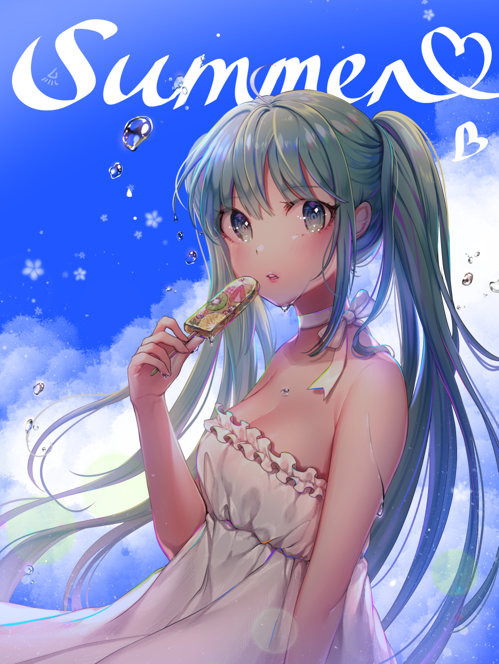 bangs bare_arms bare_shoulders blue_sky breasts cloud cloudy_sky collarbone commentary day dress english english_commentary eyebrows_visible_through_hair fingernails food green_eyes green_hair hair_between_eyes hand_up hatsune_miku highres holding holding_food long_hair looking_at_viewer looking_to_the_side outdoors ozzingo parted_lips popsicle sky small_breasts solo strapless strapless_dress twintails upper_teeth very_long_hair vocaloid water_drop wet white_dress