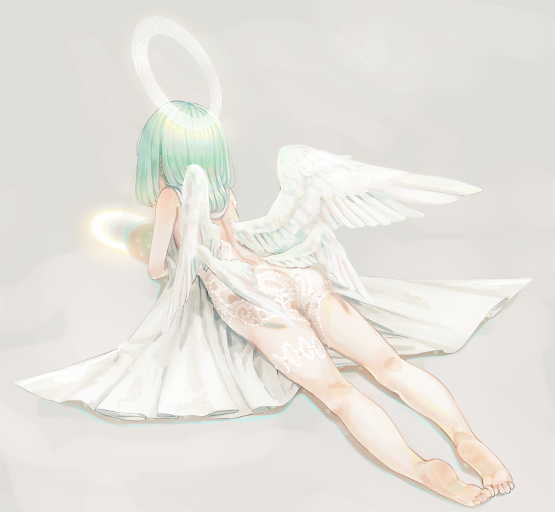 angel angel_wings aqua_hair ass barefoot bed_sheet commentary_request feathered_wings from_behind grey_background halo hidden_face lace low_wings lying medium_hair mizutame_tori multiple_wings muted_color on_stomach original solo white_wings wings