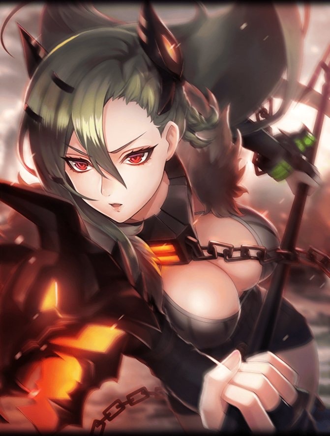 alternate_costume artist_request breasts chain cleavage collar fingerless_gloves fur_collar gae_bolg_(phantom_of_the_kill) gloves green_hair hair_ornament holding holding_spear holding_weapon horns large_breasts long_hair official_art phantom_of_the_kill polearm red_eyes shoulder_armor spear weapon