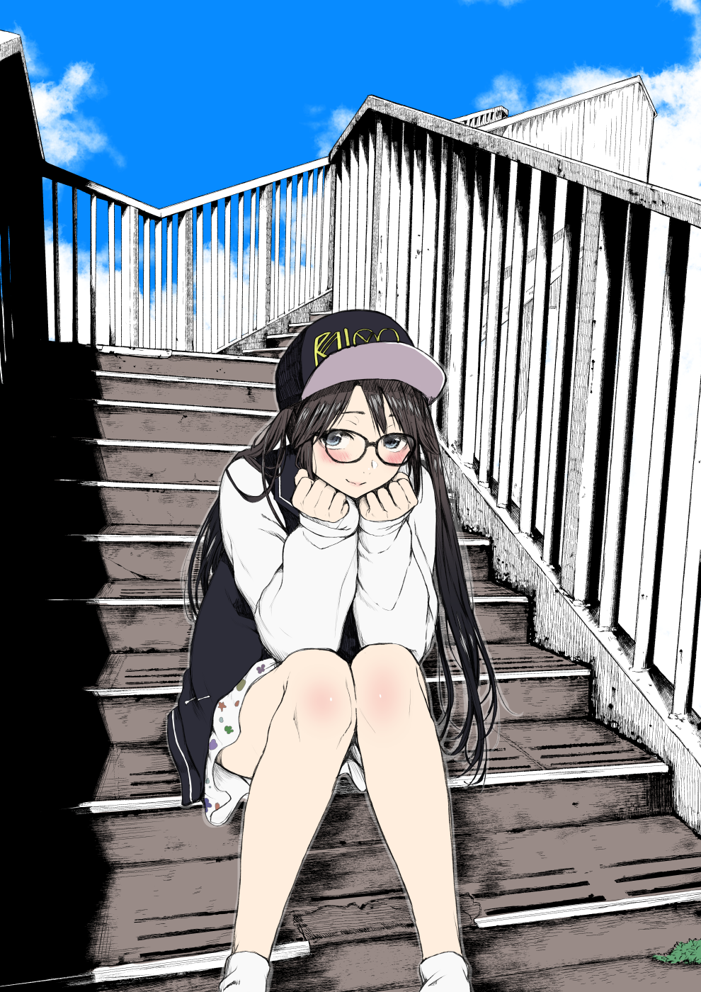 bangs baseball_cap black-framed_eyewear black_hair black_hat blue_eyes blue_sky blush chin_rest closed_mouth cloud commentary_request day glasses hat highres idolmaster idolmaster_shiny_colors jacket knees_together_feet_apart light_smile long_hair long_sleeves looking_at_viewer miniskirt mitsumine_yuika osomatsu_(nanameno) outdoors print_skirt railing shadow sitting sitting_on_stairs skirt sky sleeves_past_wrists socks solo stairs stairwell twintails white_legwear white_skirt