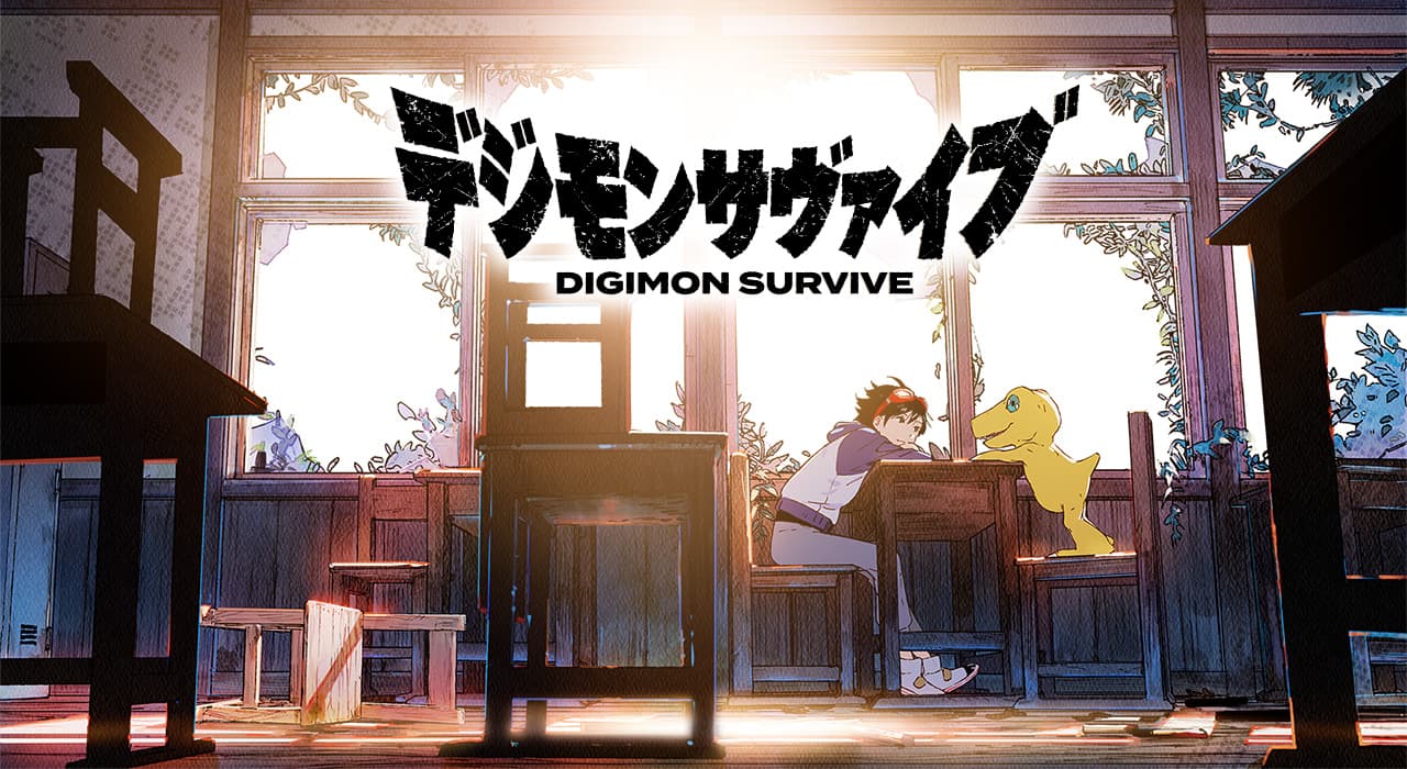 agumon black_eyes black_hair black_shirt blue_jacket broken_window chair classroom claws creature day desk digimon digimon_survive goggles goggles_on_head green_eyes grey_pants hood hooded_jacket indoors jacket key_visual logo looking_at_another momotsuka_takuma official_art pants red-framed_eyewear school school_chair school_desk shirt shoes sitting smile sneakers standing_on_chair sunlight tail ukumo_uichi white_footwear white_jacket