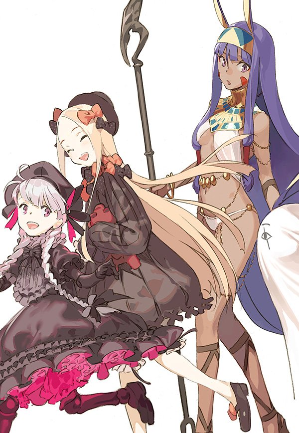 :d ^_^ ^o^ abigail_williams_(fate/grand_order) bare_shoulders black_gloves blonde_hair braid breasts closed_eyes dark_skin doll_joints dress egyptian_clothes facial_mark fate/grand_order fate_(series) forehead_mark gloves hat headband jewelry lolita_fashion long_hair medjed multiple_girls navel nitocris_(fate/grand_order) nursery_rhyme_(fate/extra) open_mouth pako petticoat purple_eyes purple_hair silver_hair simple_background smile stuffed_toy teeth twin_braids white_background