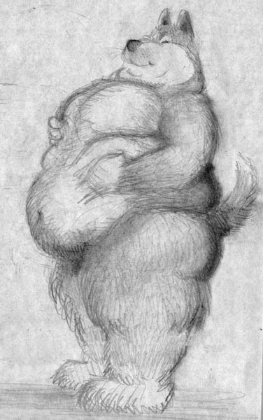 anthro bd belly big_belly butt canine dog eyes_closed fur holding_belly male mammal navel nude obese overweight overweight_male pencil_(artwork) simple_background sketch smile solo standing thick_thighs traditional_media_(artwork)