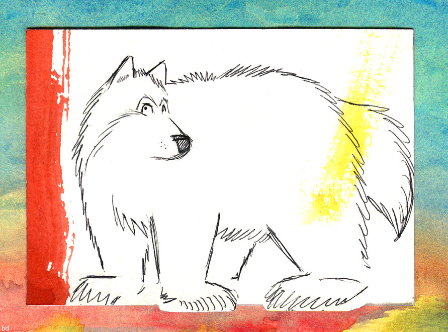 ambiguous_gender bd bear canine colorful colorful_background dipstick_tail dog feral hybrid looking_up mammal multicolored_tail overweight pen_(artwork) rainbow_background simple_background sketch solo traditional_media_(artwork) watercolor_(artwork)
