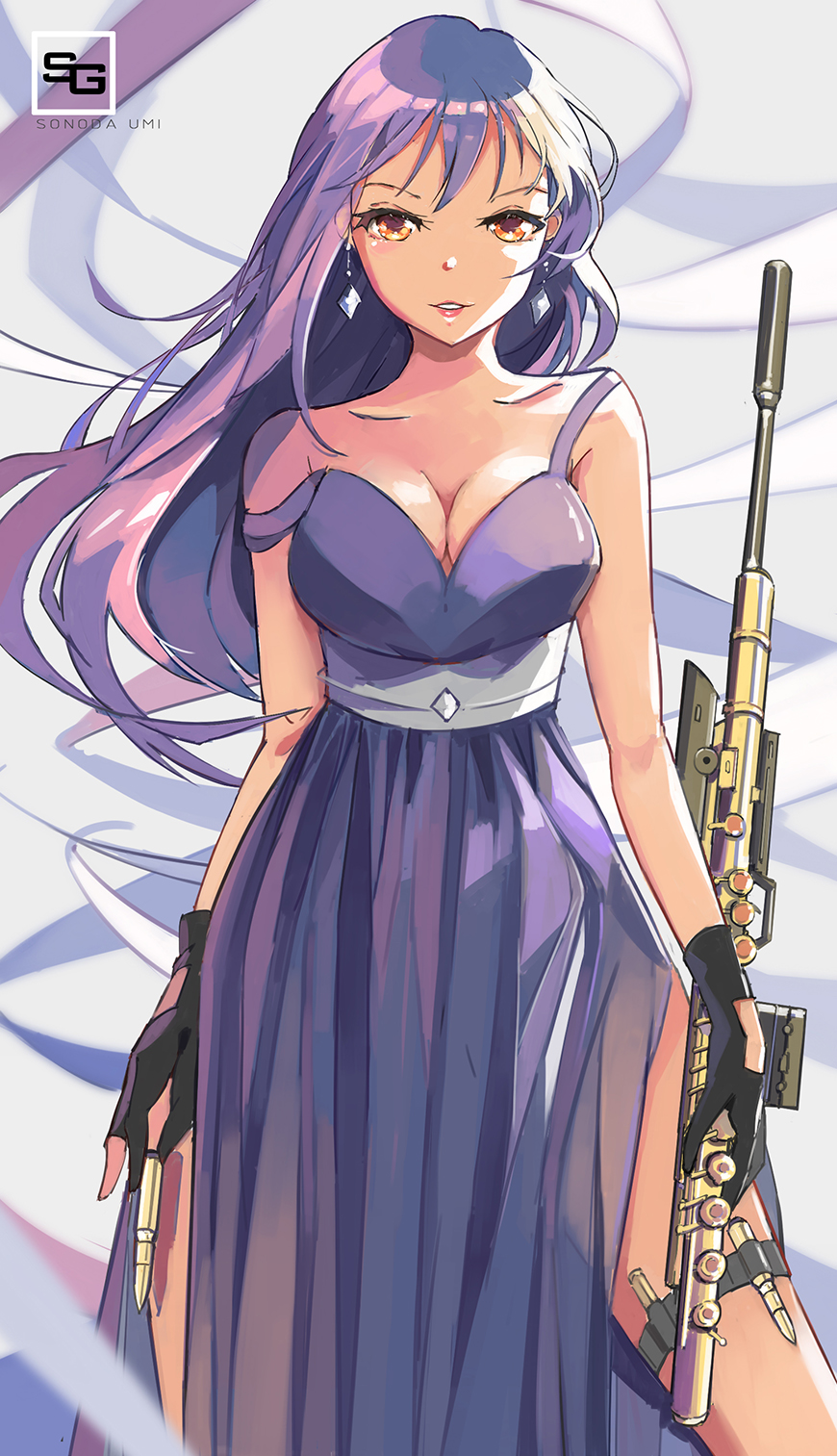bare_shoulders black_gloves blue_hair blush breasts bullet cleavage commentary dress earrings feet_out_of_frame gloves gun hair_between_eyes highres holding holding_gun holding_weapon jewelry long_hair looking_at_viewer love_live! love_live!_school_idol_project qianqian rifle side_slit sleeveless sleeveless_dress sniper_rifle solo sonoda_umi strap_slip weapon yellow_eyes