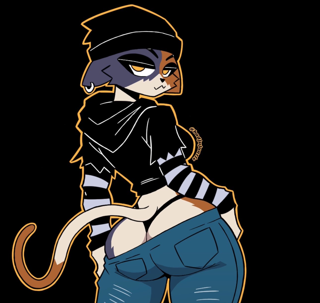 anthro badjujuarts big_butt black_background black_clothing black_hat black_headwear black_hoodie black_nose black_thong black_topwear black_underwear blue_bottomwear blue_clothing blue_jeans blue_pants bottomwear breasts brown_body brown_fur butt butt_cleavage cheek_tuft clothing denim denim_bottomwear denim_clothing dipstick_tail domestic_cat ear_piercing ears_down epic_games eyelashes facial_tuft felid feline felis female fortnite fur hat headgear headwear hi_res hoodie jeans looking_at_viewer looking_back looking_back_at_viewer mammal markings meow_skulls pants piercing pivoted_ears purple_body purple_fur rear_view simple_background solo tail tail_markings tan_body tan_fur thong topwear tuft underwear yellow_eyes