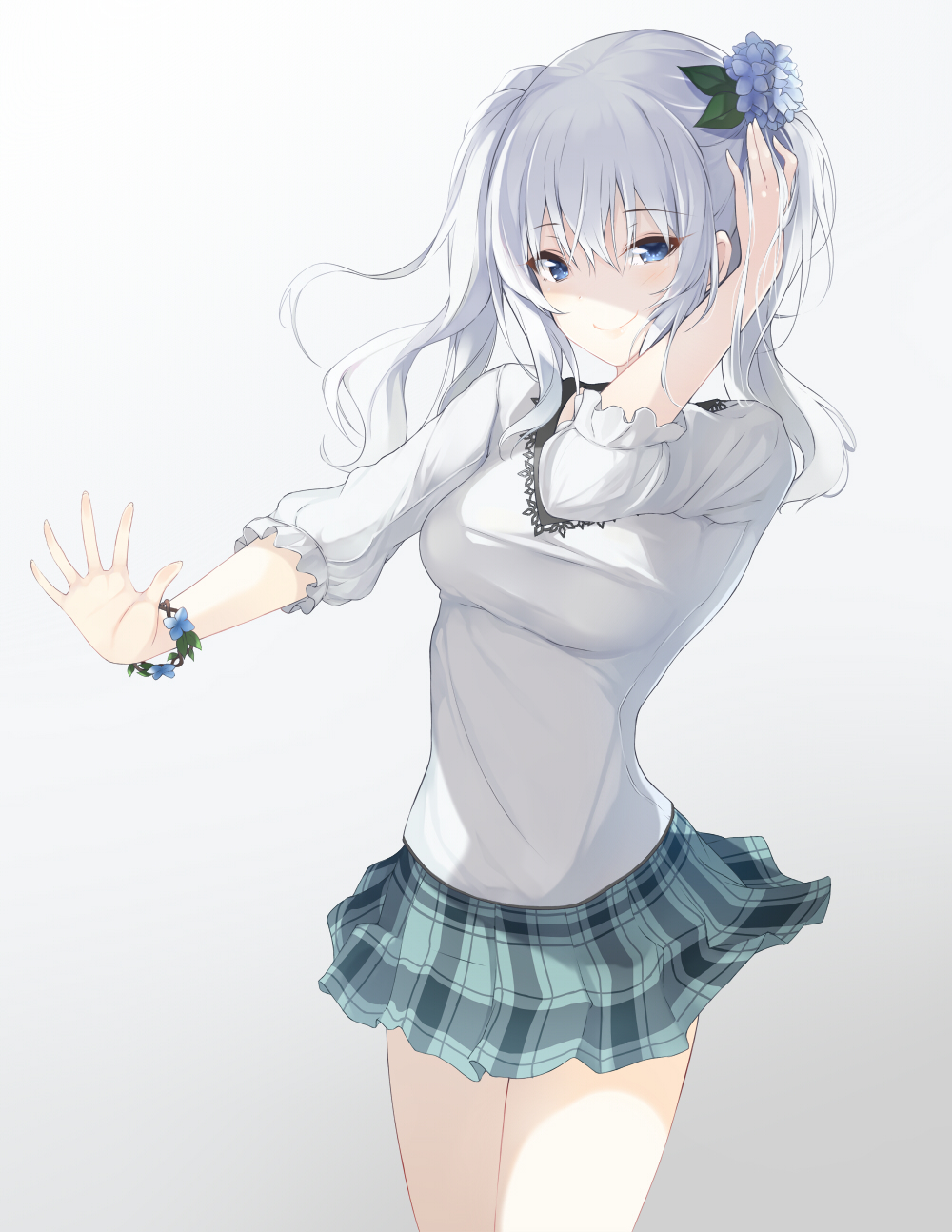 alternate_costume blue_eyes casual commentary_request cowboy_shot flower flower_bracelet gradient gradient_background grey_background grey_hair hair_flower hair_ornament highres inushi kantai_collection kashima_(kantai_collection) long_hair looking_at_viewer plaid plaid_skirt sidelocks skirt smile solo twintails