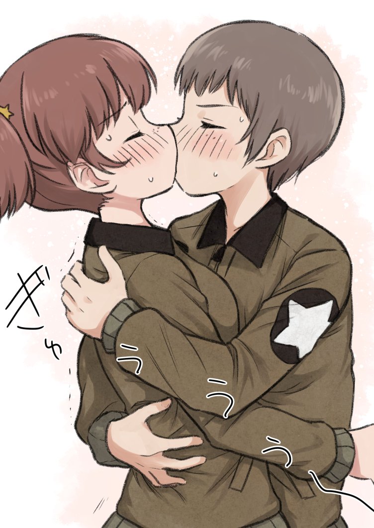 alisa_(girls_und_panzer) bangs blush brown_hair brown_jacket closed_eyes commentary emblem eyebrows_visible_through_hair freckles from_side girls_und_panzer hair_ornament hug jacket kiss long_sleeves meis_(terameisu) military military_uniform multiple_girls naomi_(girls_und_panzer) saunders_military_uniform short_hair short_twintails standing star star_hair_ornament translated trembling twintails uniform upper_body very_short_hair yuri