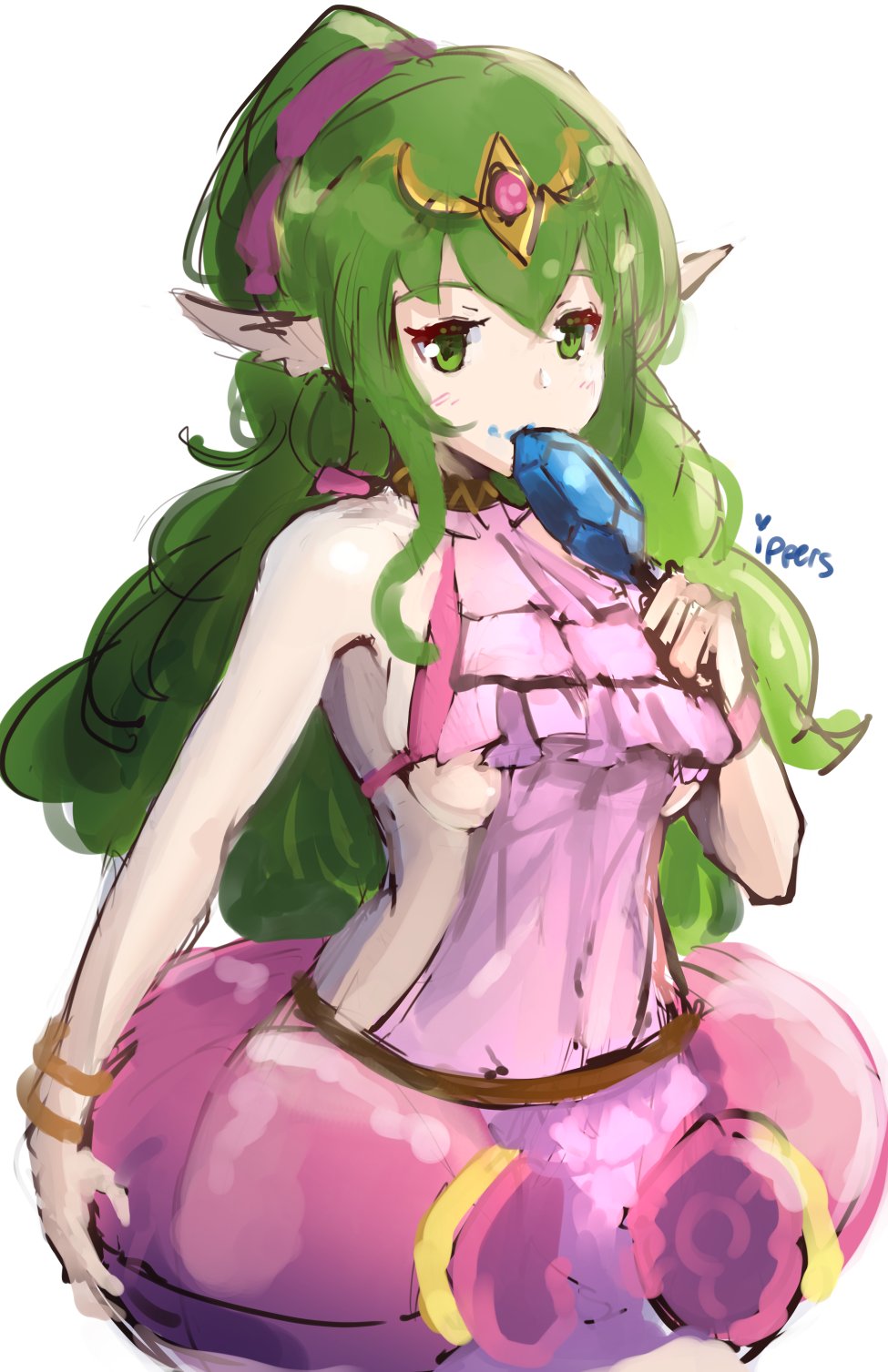 artist_name bracelet chiki chiki_(cosplay) commentary cosplay english_commentary fantasy fire_emblem fire_emblem:_kakusei fire_emblem:_monshou_no_nazo fire_emblem_heroes food gold_trim green_eyes green_hair hair_ribbon highres ippers jewelry long_hair mamkute pink_swimsuit pointy_ears ponytail popsicle ribbon simple_background solo swimsuit tiara white_background wristband