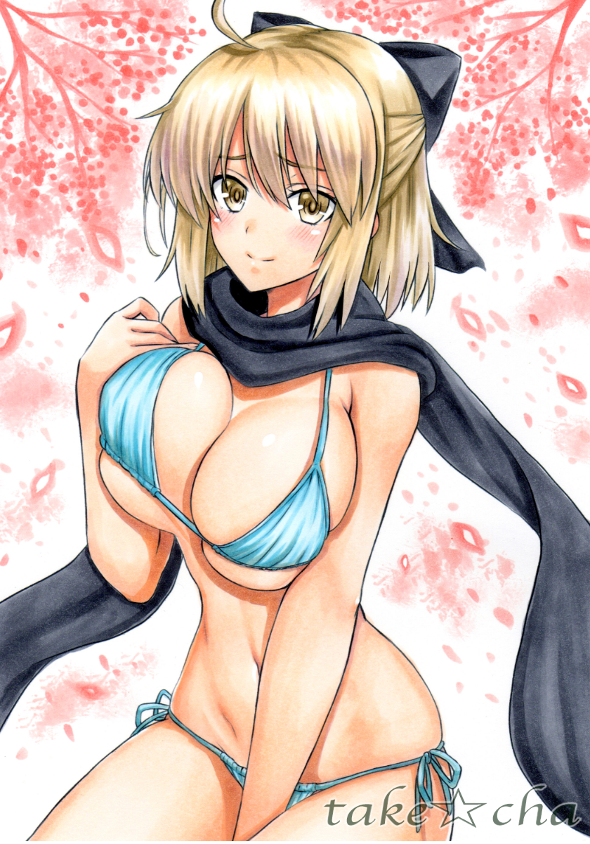ahoge alternate_costume bangs bikini black_scarf blonde_hair blue_bikini blush bow breasts closed_mouth commentary_request cowboy_shot fate/grand_order fate_(series) hair_bow highres large_breasts looking_at_viewer navel okita_souji_(fate) okita_souji_(fate)_(all) platinum_blonde_hair scarf short_hair side-tie_bikini skindentation smile solo stomach swimsuit takecha unaligned_breasts watermark yellow_eyes