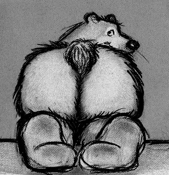 ambiguous_gender anthro bd bear black_and_white butt butt_focus clothing crayon_(artwork) dirty_socks fur greyscale legwear looking_at_viewer mammal monochrome presenting presenting_hindquarters rear_view simple_background slightly_chubby smile socks solo traditional_media_(artwork)